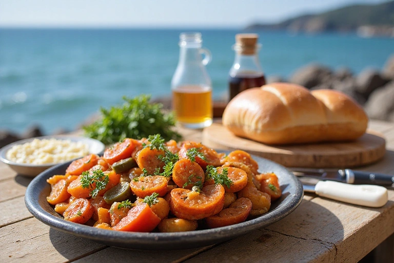 Piatti sani della dieta mediterranea su un tavolo di legno con vista mare