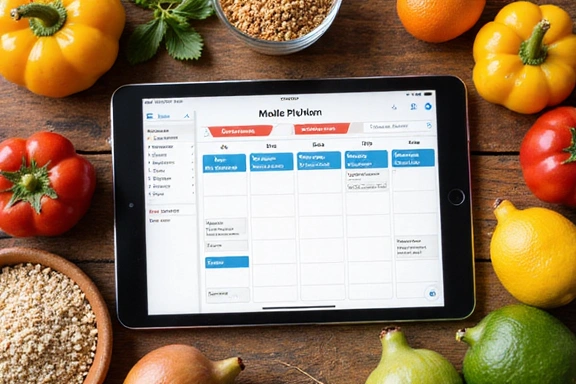 Immagine di un piano alimentare personalizzato su un tablet con ingredienti freschi